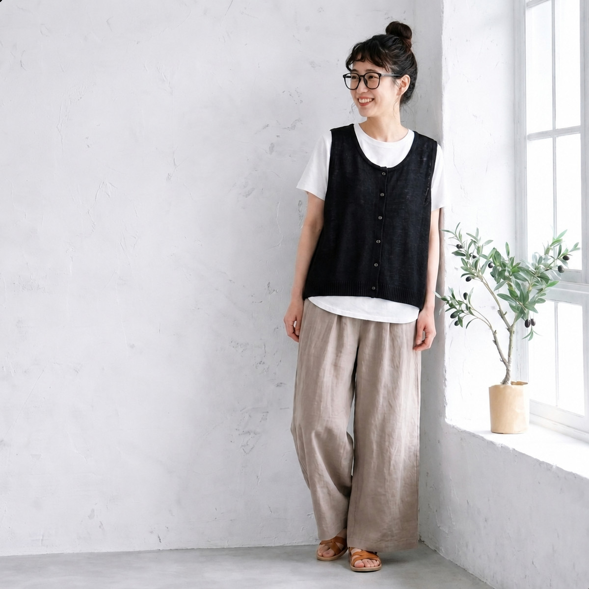 M-XL 綿麻 無地 ノースリーブ ノーマルスリーブ ロング丈 半袖 シンプル 半袖シャツ、ベスト、パンツ  3点セット M 写真通り/3点セット