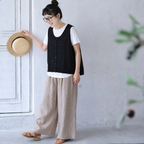 M-XL 綿麻 無地 ノースリーブ ノーマルスリーブ ロング丈 半袖 シンプル 半袖シャツ、ベスト、パンツ  3点セット M 写真通り/3点セット