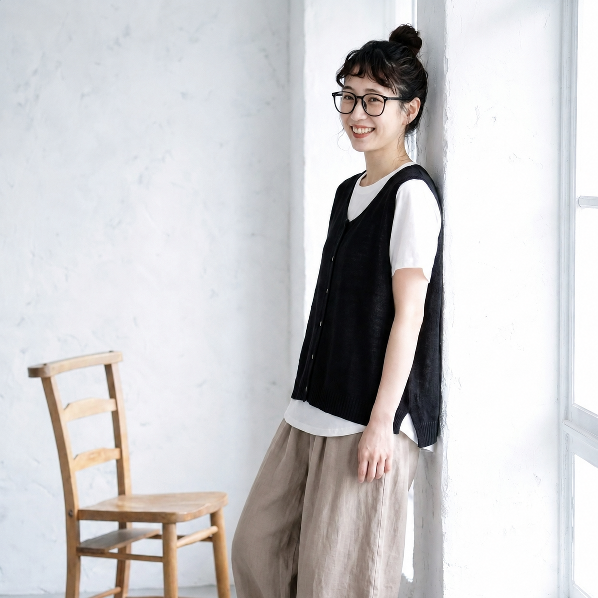 M-XL 綿麻 無地 ノースリーブ ノーマルスリーブ ロング丈 半袖 シンプル 半袖シャツ、ベスト、パンツ  3点セット M 写真通り/3点セット