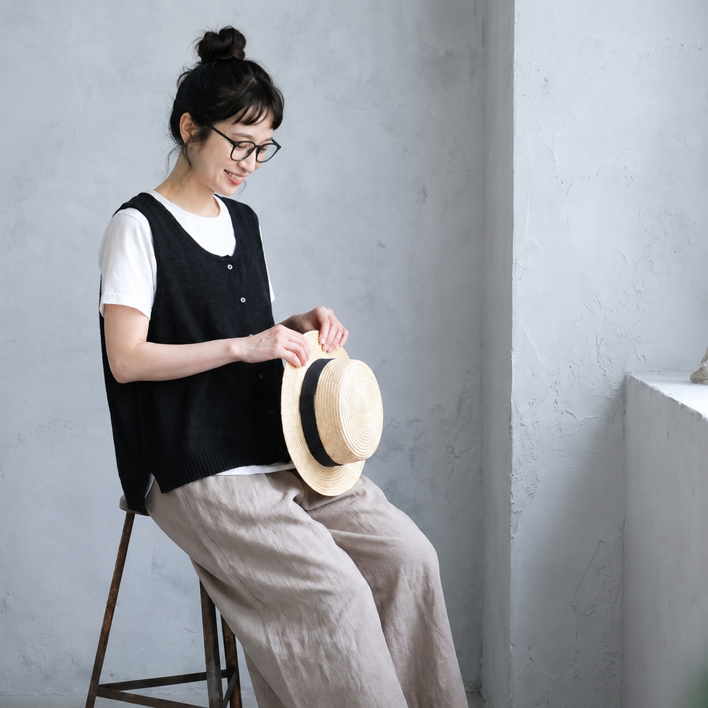 M-XL 綿麻 無地 ノースリーブ ノーマルスリーブ ロング丈 半袖 シンプル 半袖シャツ、ベスト、パンツ  3点セット M 写真通り/3点セット