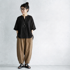 M-XL 綿麻 アンクル丈（9分丈） 無地 五分袖 ノーマルスリーブ プリーツ カジュアル 2点セット M ブラック/トップス+ブラウン/パンツ/2点セット