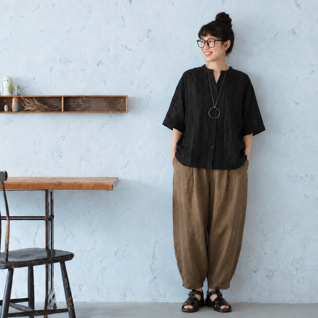 M-XL 綿麻 アンクル丈（9分丈） 無地 五分袖 ノーマルスリーブ プリーツ カジュアル 2点セット M ブラック/トップス+ブラウン/パンツ/2点セット