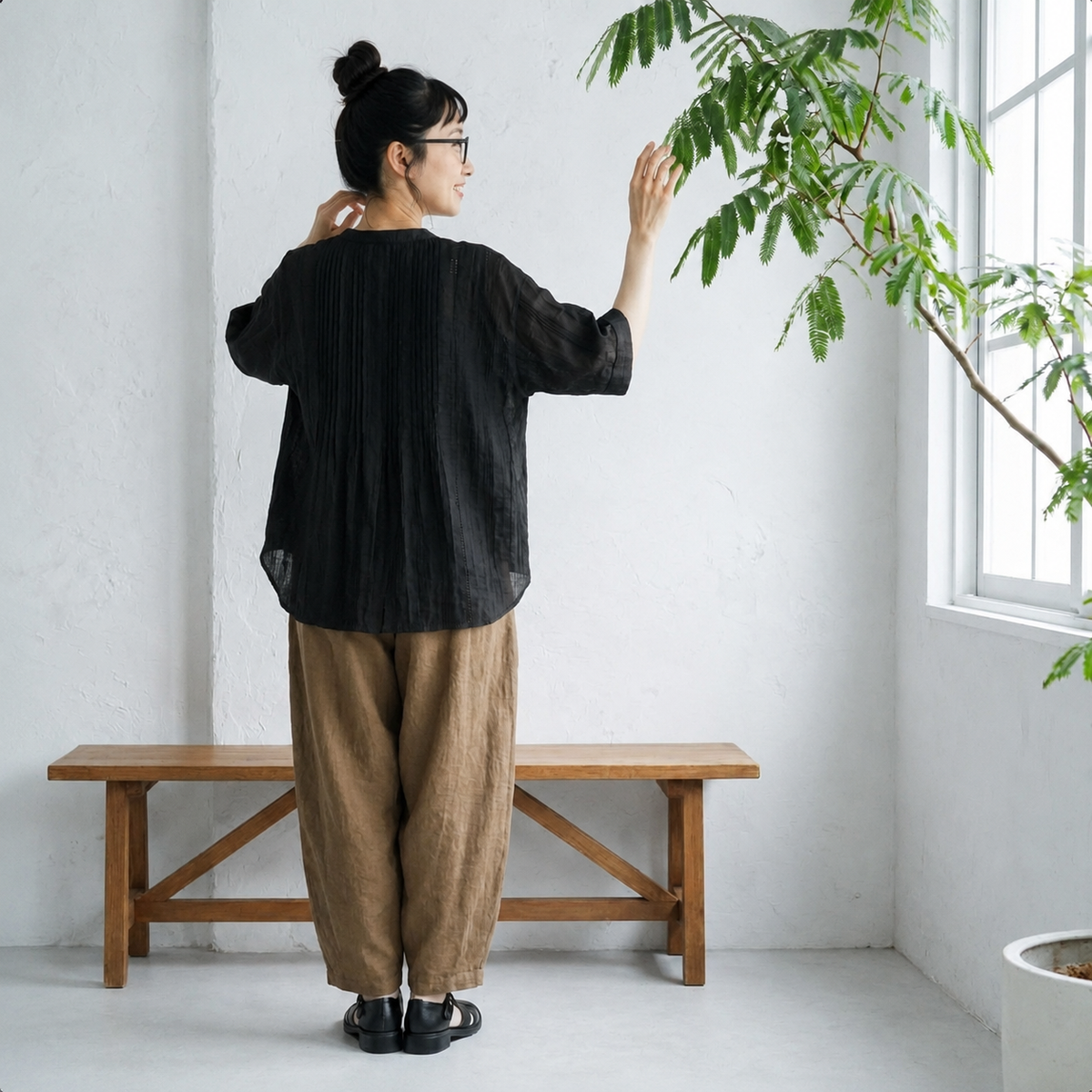 M-XL 綿麻 アンクル丈（9分丈） 無地 五分袖 ノーマルスリーブ プリーツ カジュアル 2点セット M ブラック/トップス+ブラウン/パンツ/2点セット