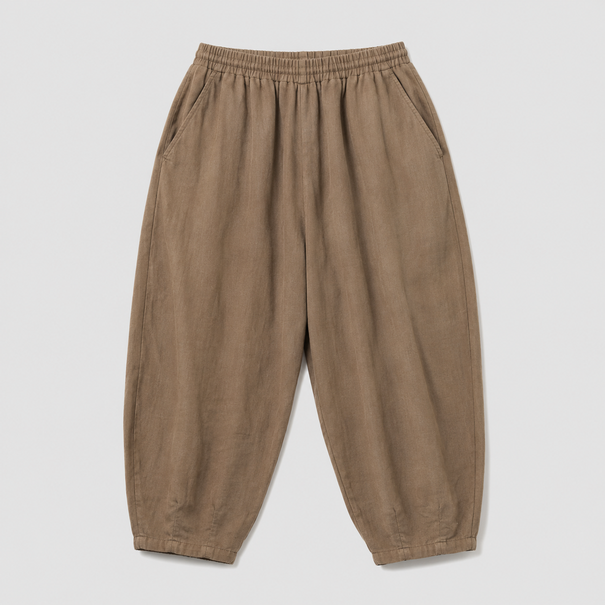 M-XL 綿麻 アンクル丈（9分丈） 無地 五分袖 ノーマルスリーブ プリーツ カジュアル 2点セット M ブラック/トップス+ブラウン/パンツ/2点セット