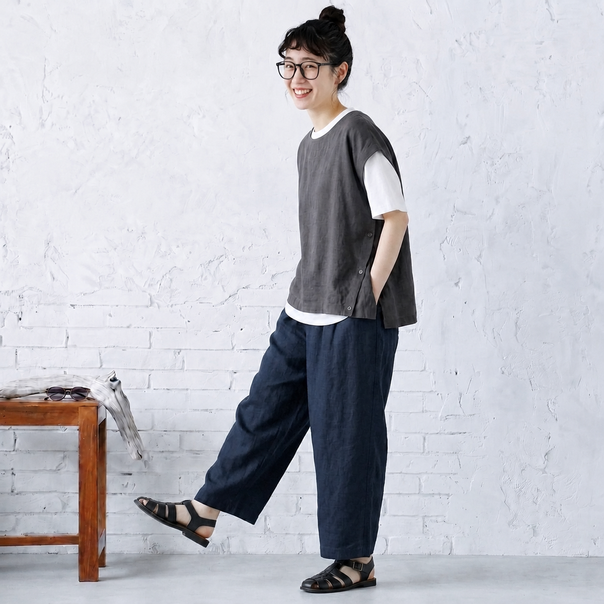 M-XL 綿麻 ノーマルスリーブ 落ち肩スリーブ レギュラー丈 半袖 無地 シンプル 半袖シャツ、ベスト、パンツ 3点セット M 白 T シャツ＋グレータンクトップ＋ネイビーパンツ