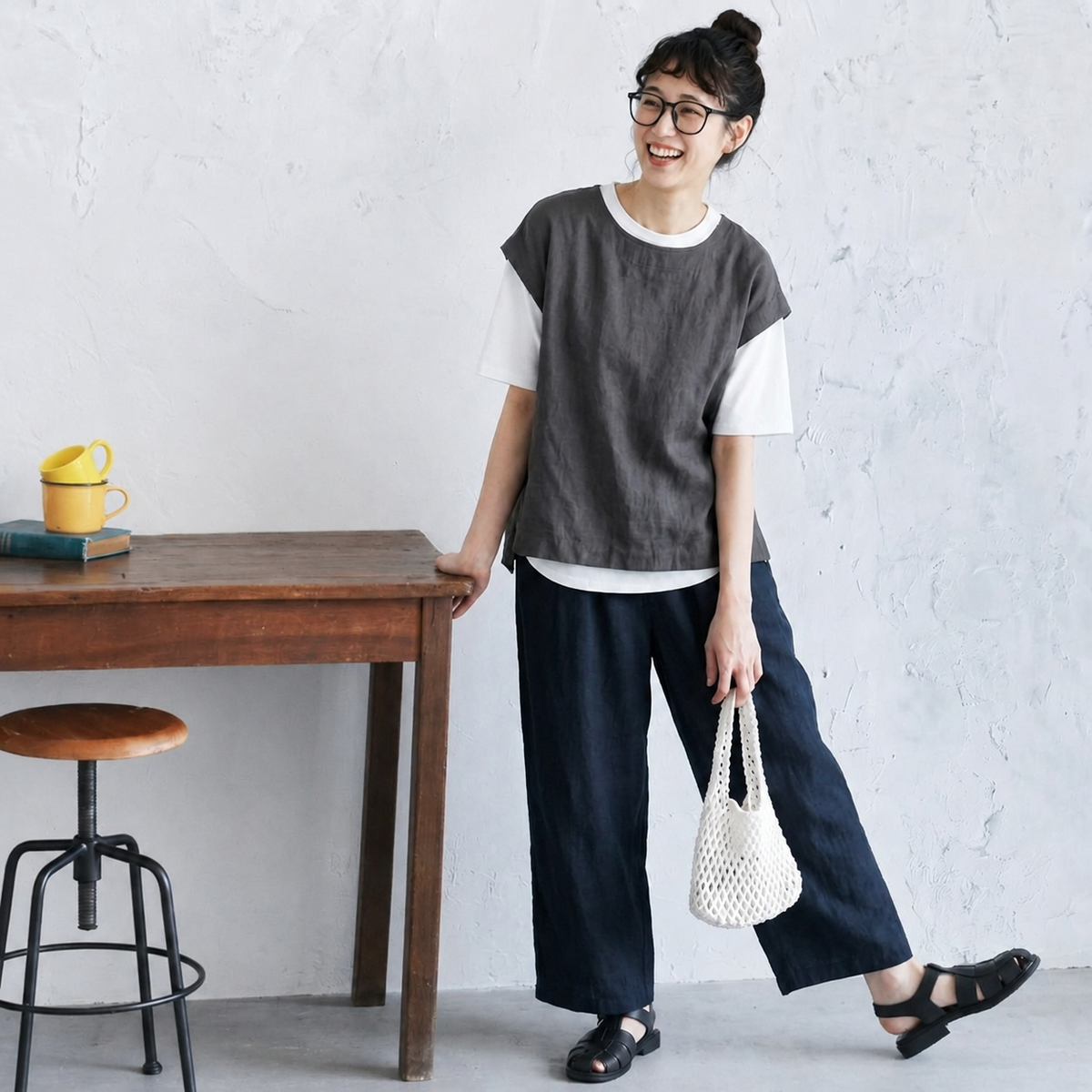 M-XL 綿麻 ノーマルスリーブ 落ち肩スリーブ レギュラー丈 半袖 無地 シンプル 半袖シャツ、ベスト、パンツ 3点セット M 白 T シャツ＋グレータンクトップ＋ネイビーパンツ