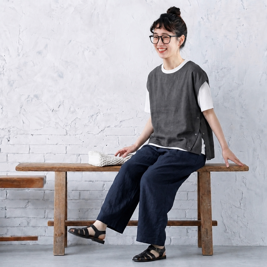 M-XL 綿麻 ノーマルスリーブ 落ち肩スリーブ レギュラー丈 半袖 無地 シンプル 半袖シャツ、ベスト、パンツ 3点セット M 白 T シャツ＋グレータンクトップ＋ネイビーパンツ