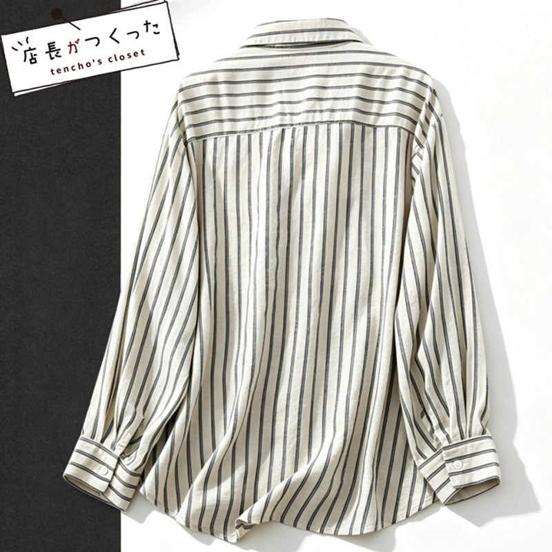 L-2XL リネン ナチュラル 折り襟 ボタン ストライプ柄 カジュアル シャツ L ベージュ