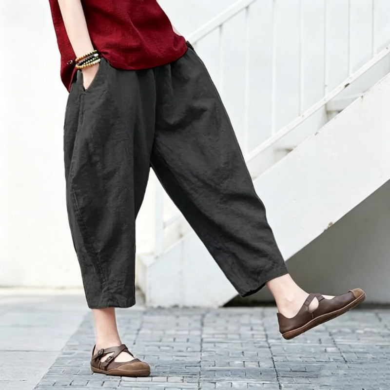 【ついに再入荷！】S-5XL  綿麻 無地 ハイウエスト アンクル丈（9分丈） ポケット付き ガウチョパンツ 5XL ブラック