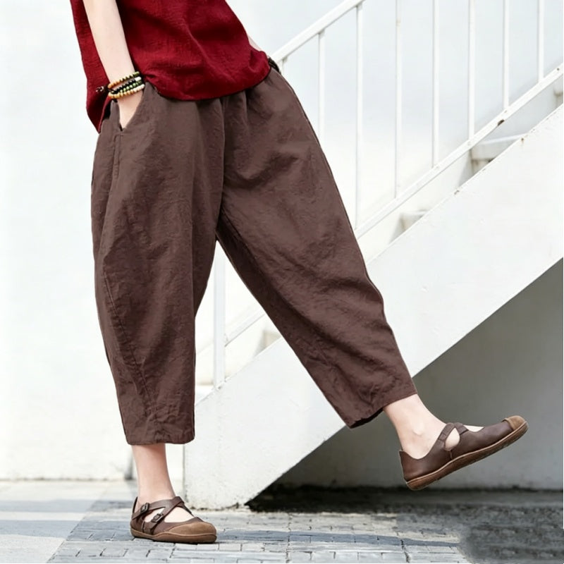 【ついに再入荷！】S-5XL  綿麻 無地 ハイウエスト アンクル丈（9分丈） ポケット付き ガウチョパンツ S ワインレッド