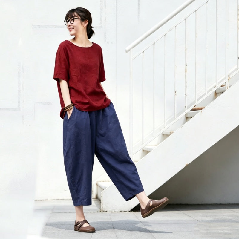 【ついに再入荷！】S-5XL  綿麻 無地 ハイウエスト アンクル丈（9分丈） ポケット付き ガウチョパンツ S ワインレッド