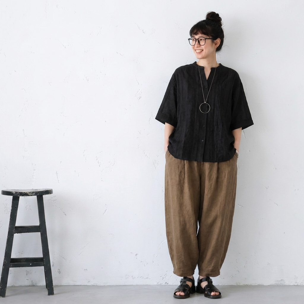 M-XL 綿麻 アンクル丈（9分丈） 無地 五分袖 ノーマルスリーブ プリーツ カジュアル 2点セット M ブラック/トップス+ブラウン/パンツ/2点セット
