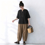 M-XL 綿麻 アンクル丈（9分丈） 無地 五分袖 ノーマルスリーブ プリーツ カジュアル 2点セット M ブラック/トップス+ブラウン/パンツ/2点セット