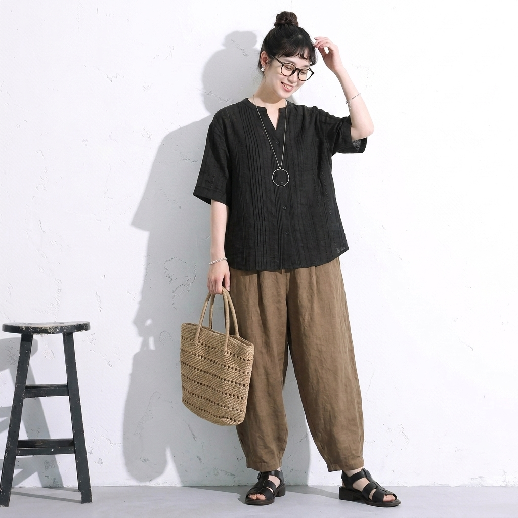 M-XL 綿麻 アンクル丈（9分丈） 無地 五分袖 ノーマルスリーブ プリーツ カジュアル 2点セット M ブラック/トップス+ブラウン/パンツ/2点セット