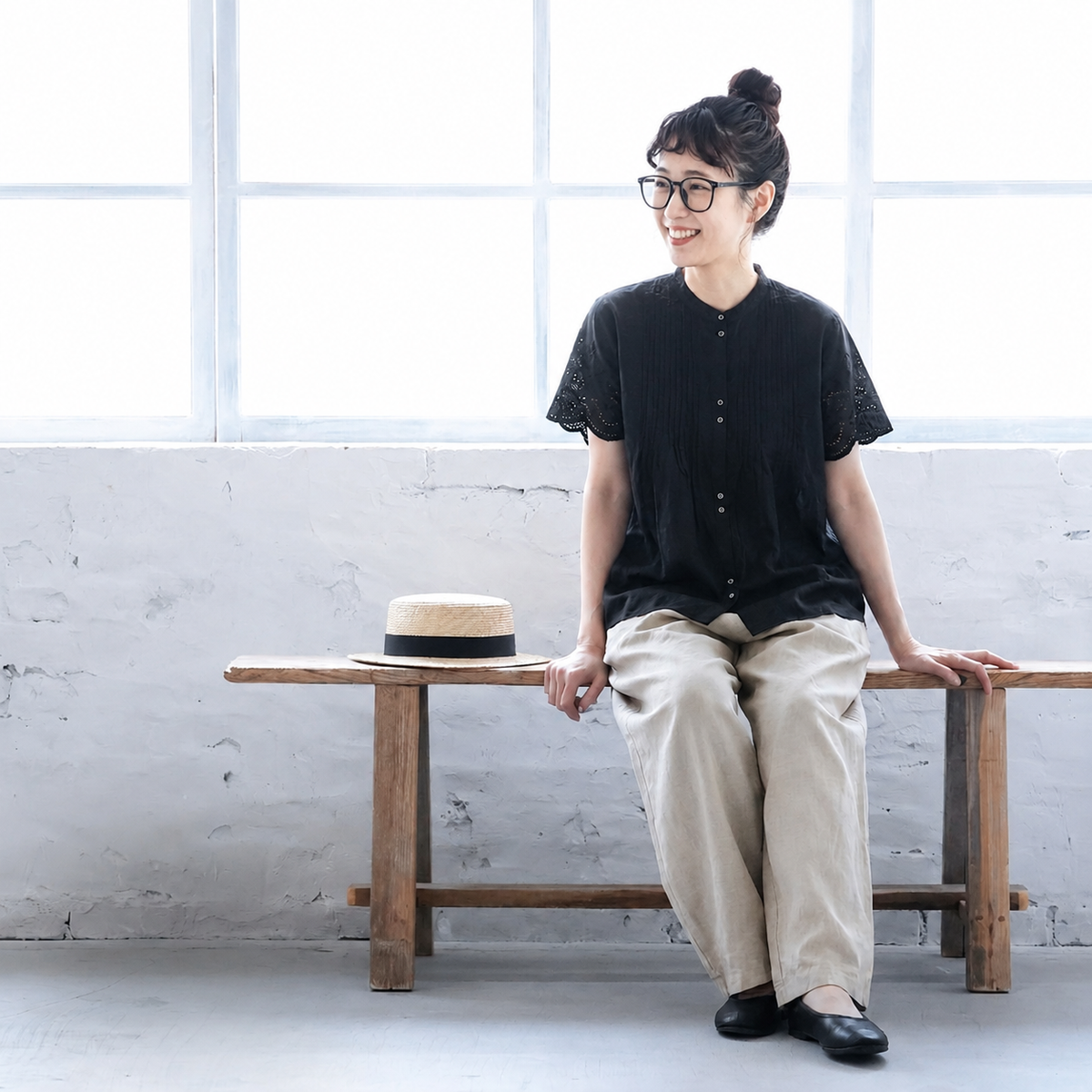 M-XL 綿麻 半袖 カットワーク ノーマルスリーブ 無地 レギュラー丈 シンプル  2点セット M ブラック/トップス＋ベージュ/パンツ/2点セット