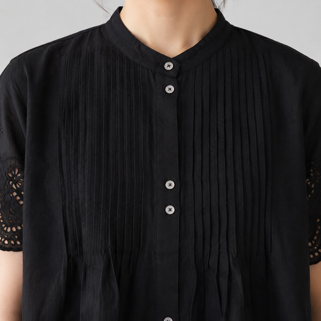 M-XL 綿麻 半袖 カットワーク ノーマルスリーブ 無地 レギュラー丈 シンプル  2点セット M ブラック/トップス＋ベージュ/パンツ/2点セット