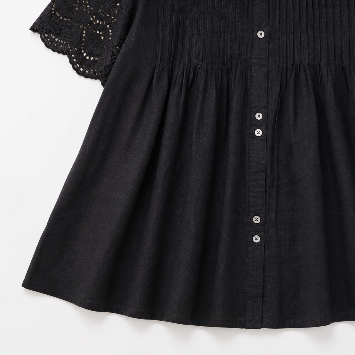 M-XL 綿麻 半袖 カットワーク ノーマルスリーブ 無地 レギュラー丈 シンプル  2点セット M ブラック/トップス＋ベージュ/パンツ/2点セット