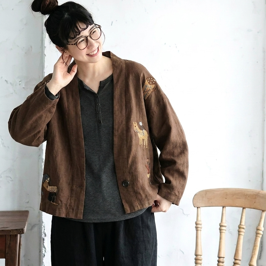 M-3XL 綿麻 柔らかい肌触り 刺繍 ボタン レトロ カーディガン M ナチュラル