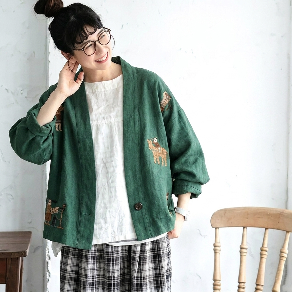 M-3XL 綿麻 柔らかい肌触り 刺繍 ボタン レトロ カーディガン 3XL グリーン