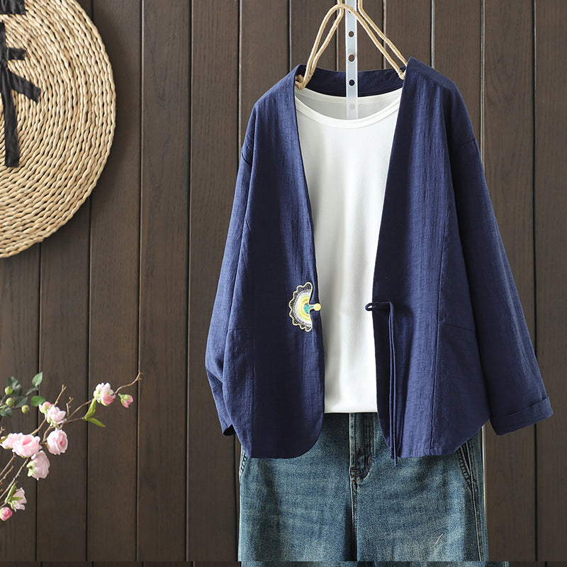 M-2XL 森ガール シンプル 無地 刺繍 長袖 ボタン カーディガン 2XL ネイビー