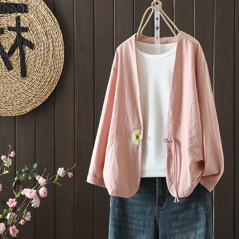 M-2XL 森ガール シンプル 無地 刺繍 長袖 ボタン カーディガン 2XL ピンク