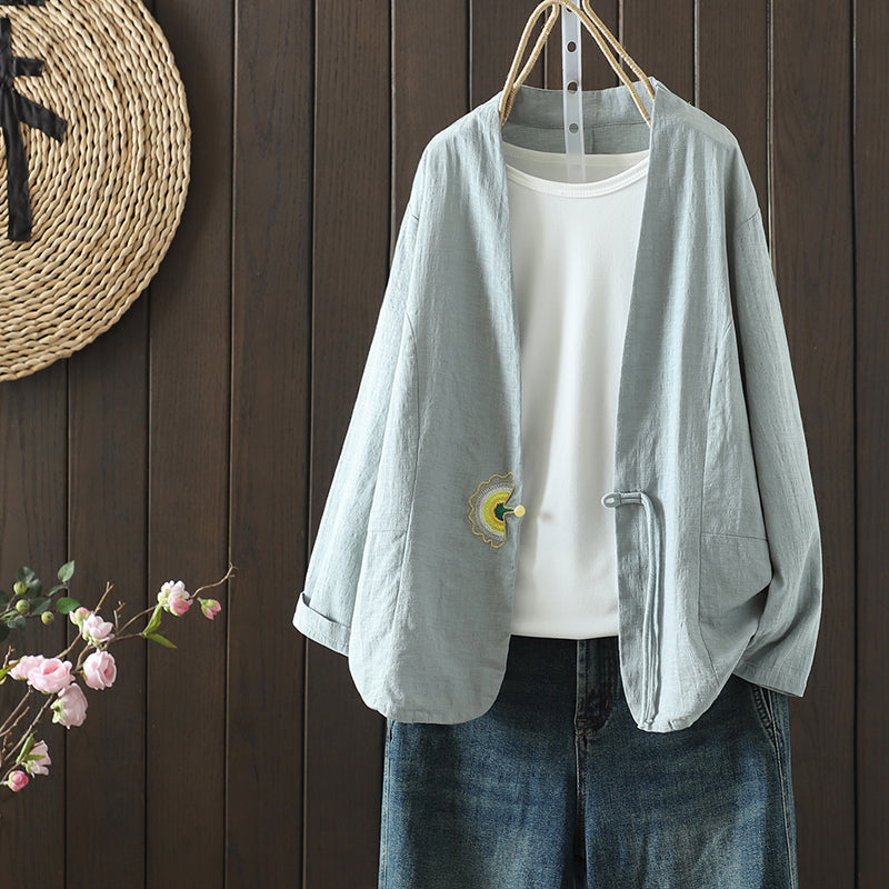M-2XL 森ガール シンプル 無地 刺繍 長袖 ボタン カーディガン 2XL グリーン