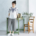M-2XL 綿麻 軽やかな着心地 五分袖 チェック柄  パンツセット  2点セット M ホワイト/Tシャツ+ブラック/パンツ