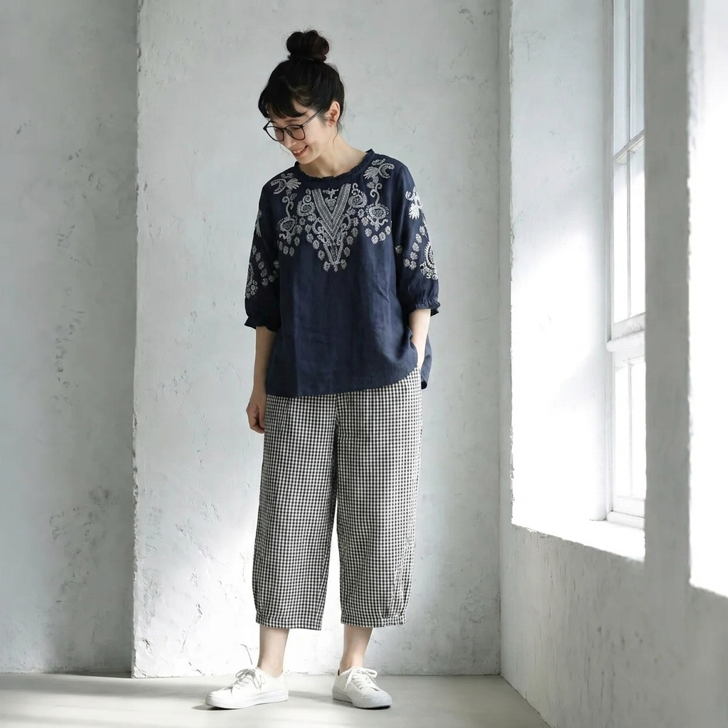 M-2XL 綿麻 軽やかな着心地 五分袖 チェック柄  パンツセット  2点セット M ホワイト/Tシャツ+ブラック/パンツ