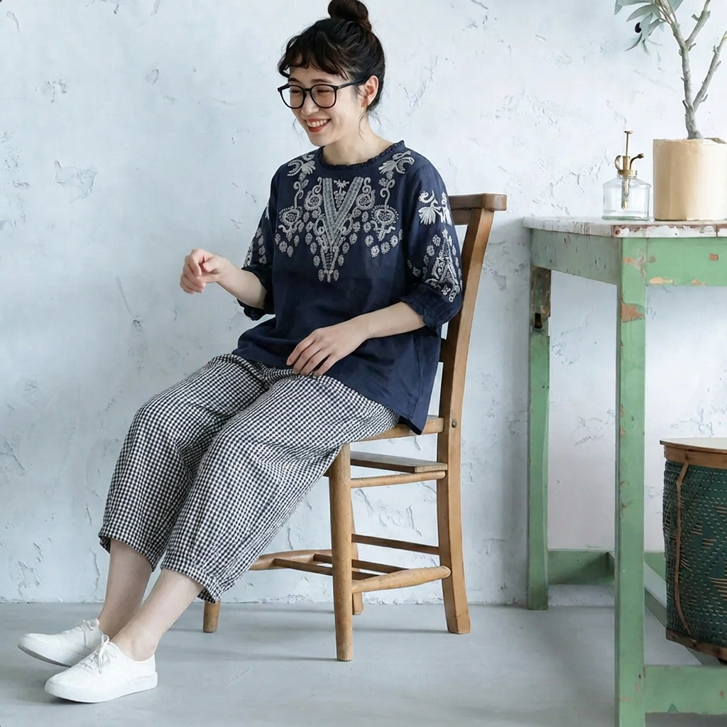 M-2XL 綿麻 軽やかな着心地 五分袖 チェック柄  パンツセット  2点セット M ホワイト/Tシャツ+ブラック/パンツ