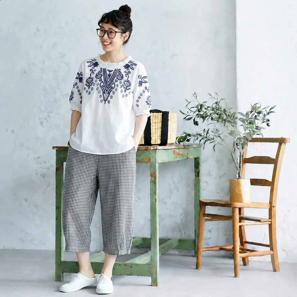 M-2XL 綿麻 軽やかな着心地 五分袖 チェック柄  パンツセット  2点セット 2XL ホワイト/Tシャツ+ブラック/パンツ