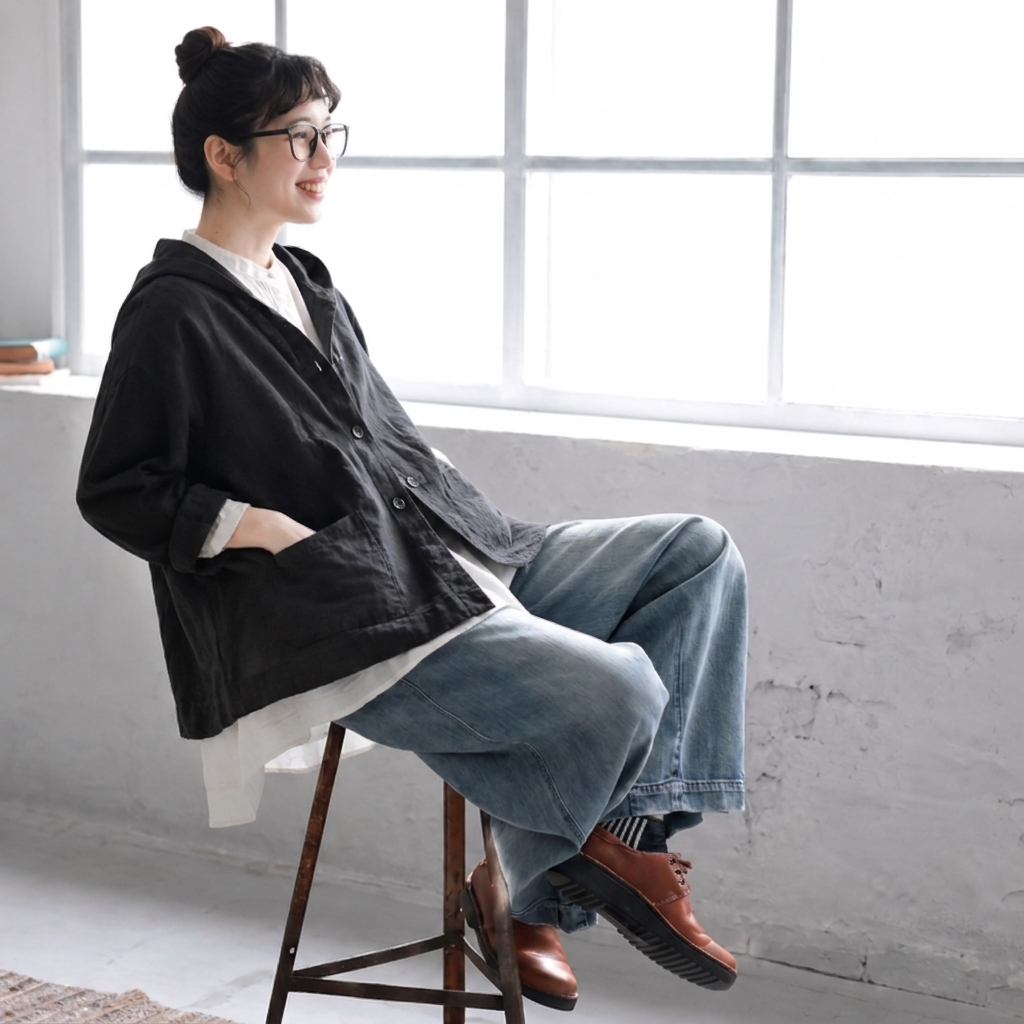 M-3XL 綿麻 フード付き レトロ シンプル ジャケット M アイボリー