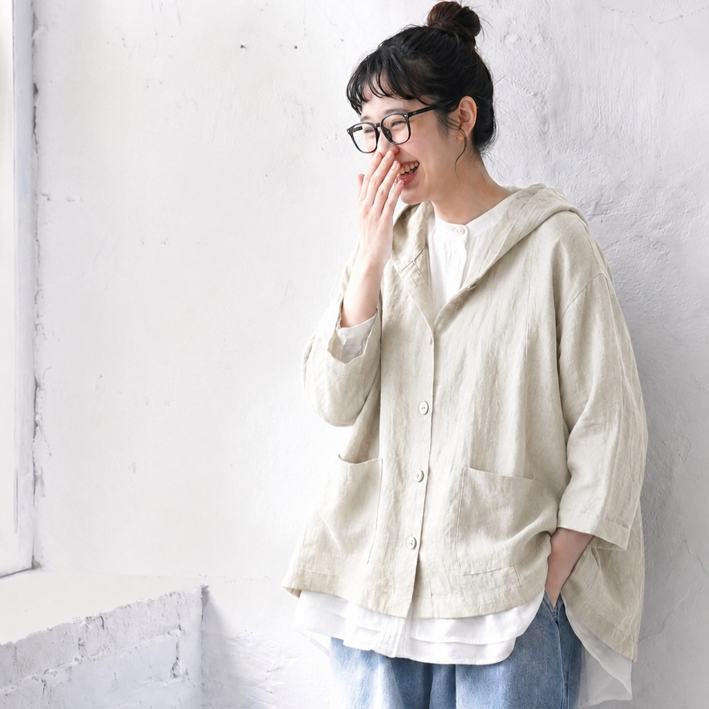 M-3XL 綿麻 フード付き レトロ シンプル ジャケット M アイボリー