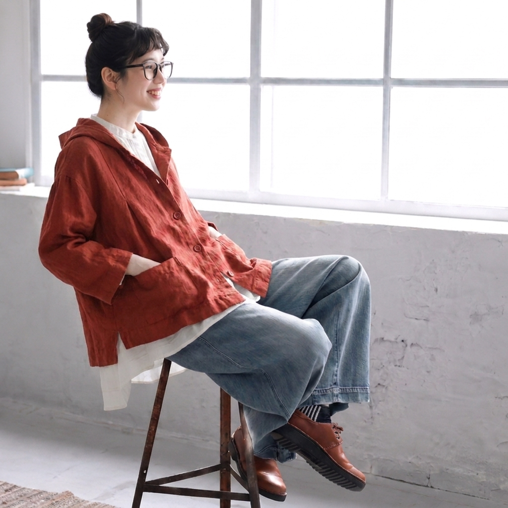 M-3XL 綿麻 フード付き レトロ シンプル ジャケット M アイボリー