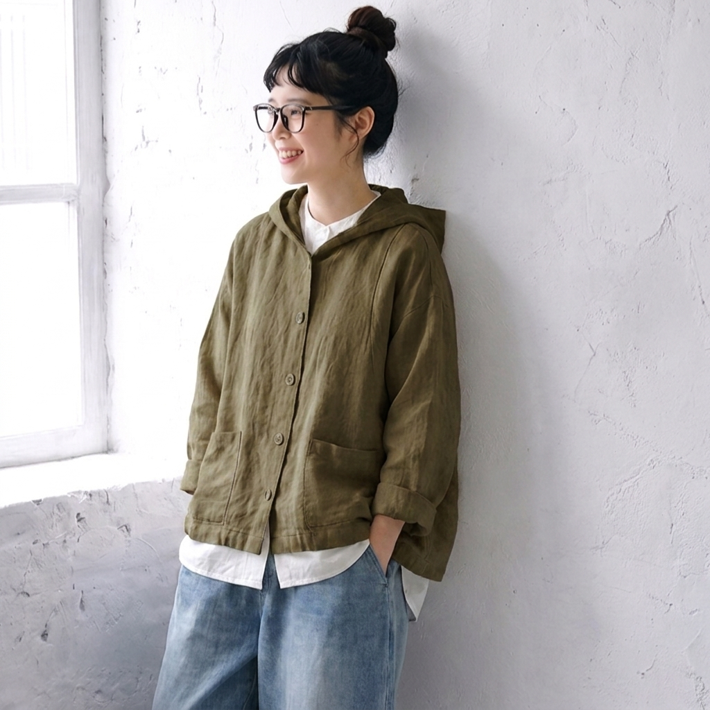 M-3XL 綿麻 フード付き レトロ シンプル ジャケット 3XL オリーブ