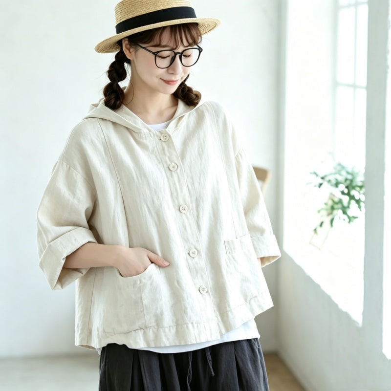 M-3XL 綿麻 フード付き レトロ シンプル ジャケット M アイボリー