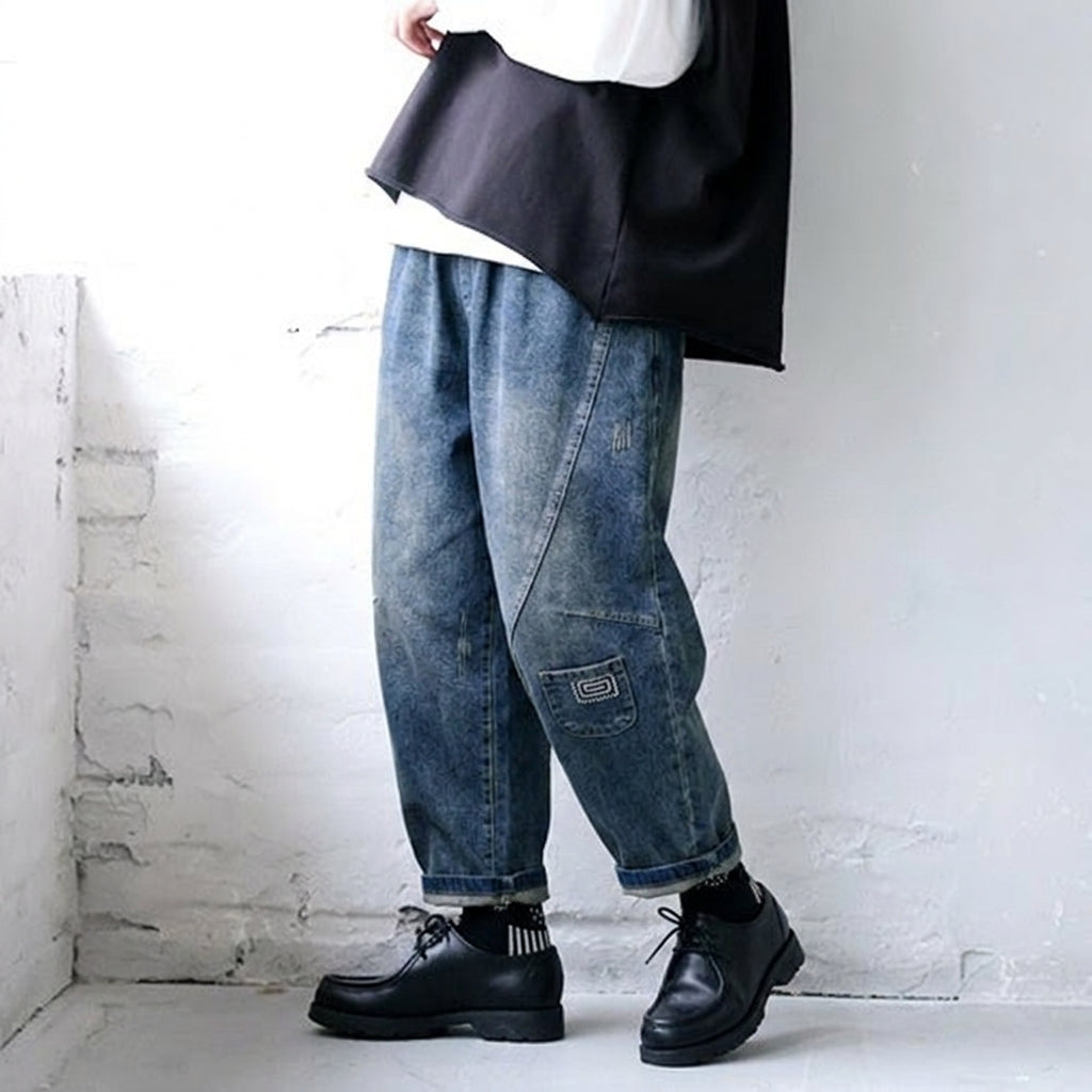 M-2XL ヴィンテージ加工 刺繍 ハイウエスト デニム アンクル丈（9分丈） ジーンズ M レトロブルー (九分丈)