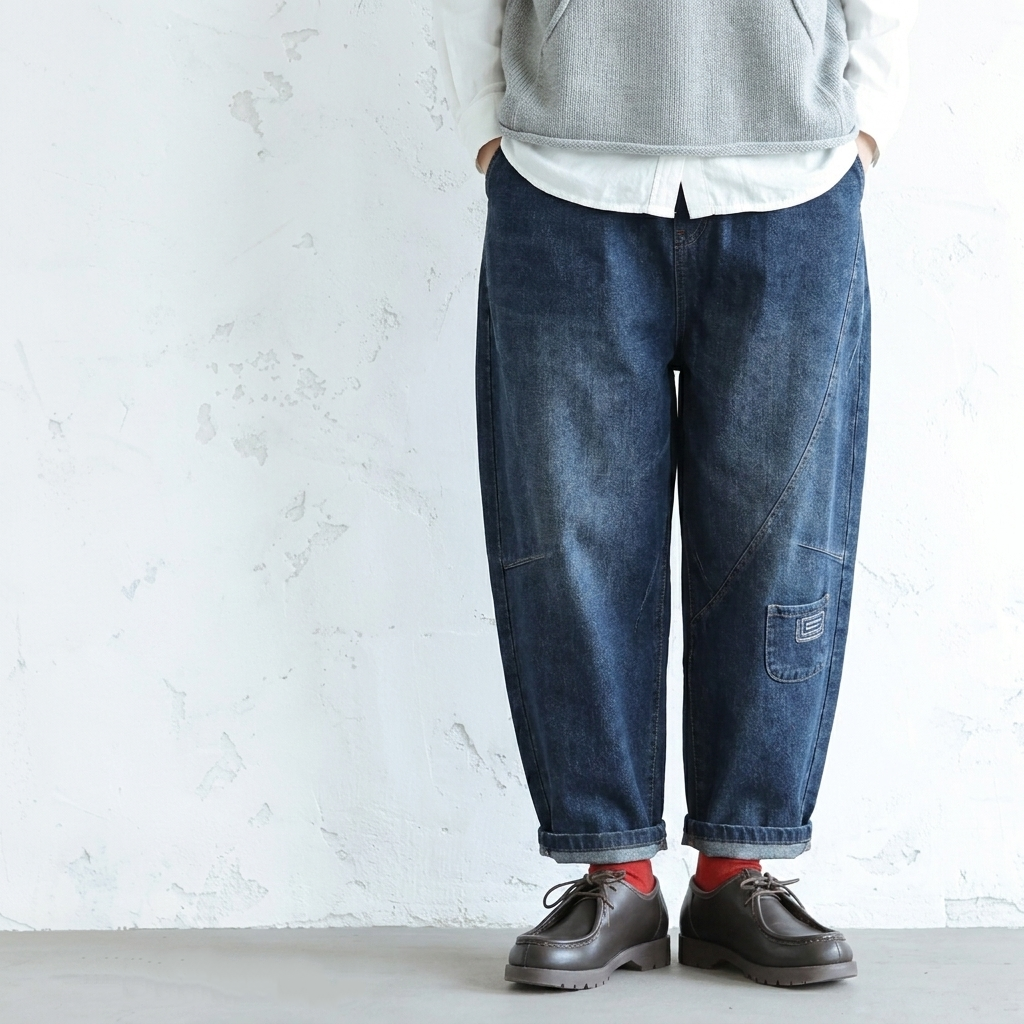M-2XL ヴィンテージ加工 刺繍 ハイウエスト デニム アンクル丈（9分丈） ジーンズ M レトロブルー (九分丈)