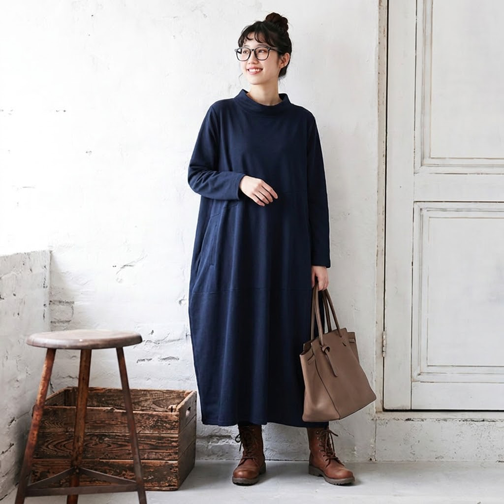 M-2XL 無地 ポケット付き ビックシルエッ シンプル 長袖ワンピース M ブラック