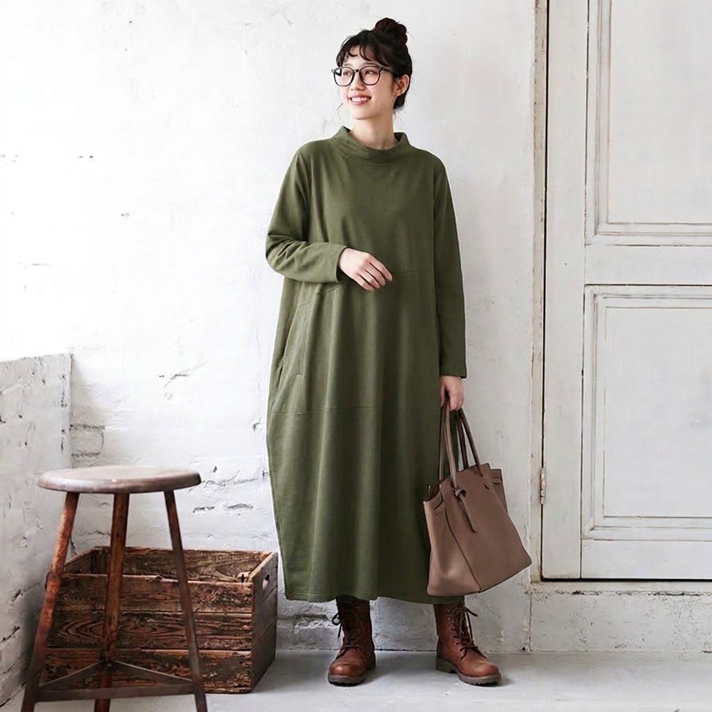 M-2XL 無地 ポケット付き ビックシルエッ シンプル 長袖ワンピース M ブラック