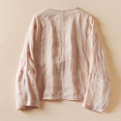 L-2XL Vネック ビックシルエット 刺繍 レトロ 長袖 カーディガン L ホワイト