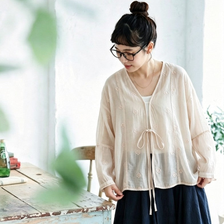 L-2XL Vネック ビックシルエット 刺繍 レトロ 長袖 カーディガン 2XL アプリコット