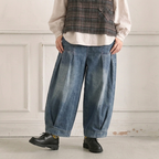 M-3XL 体型をカバー ロング丈 レトロ ワイドパンツ デニムパンツ M ブルー
