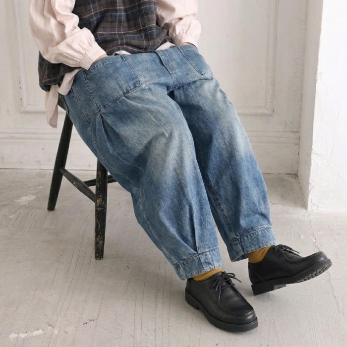 M-3XL 体型をカバー ロング丈 レトロ ワイドパンツ デニムパンツ M ブルー