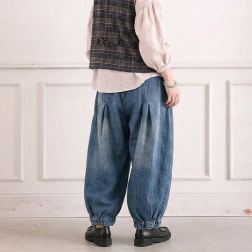 M-3XL 体型をカバー ロング丈 レトロ ワイドパンツ デニムパンツ M ブルー