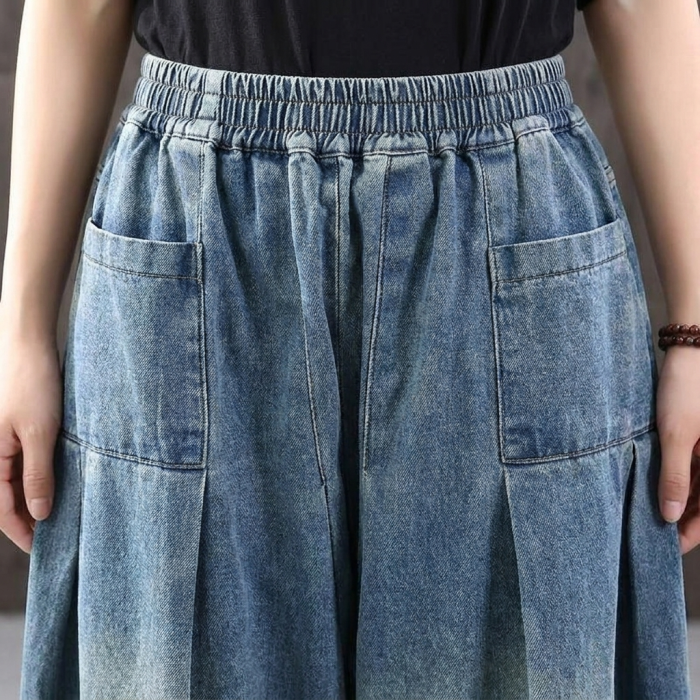 M-3XL 体型をカバー ロング丈 レトロ ワイドパンツ デニムパンツ M ブルー