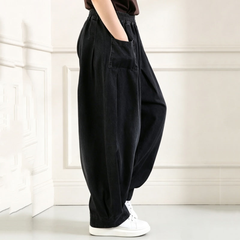 M-3XL 体型をカバー ロング丈 レトロ ワイドパンツ デニムパンツ M ブルー