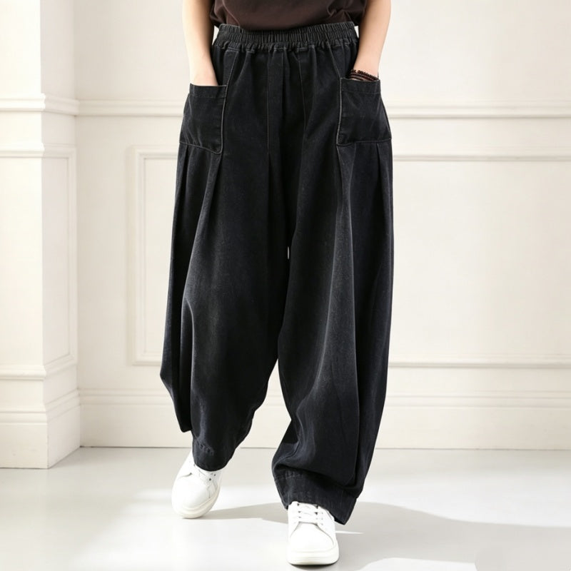 M-3XL 体型をカバー ロング丈 レトロ ワイドパンツ デニムパンツ 3XL ブラック