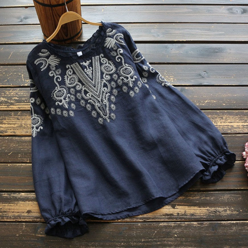 M-3XL 綿麻 ウンドネック 刺繍 ノーマルスリーブ 長袖 フェミニン シャツ M ネイビー