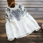 M-3XL 綿麻 ウンドネック 刺繍 ノーマルスリーブ 長袖 フェミニン シャツ M ネイビー