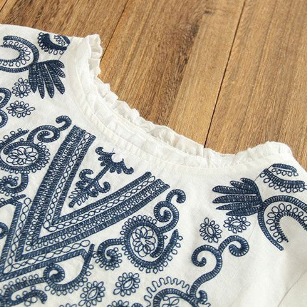 M-3XL 綿麻 ウンドネック 刺繍 ノーマルスリーブ 長袖 フェミニン シャツ M ネイビー